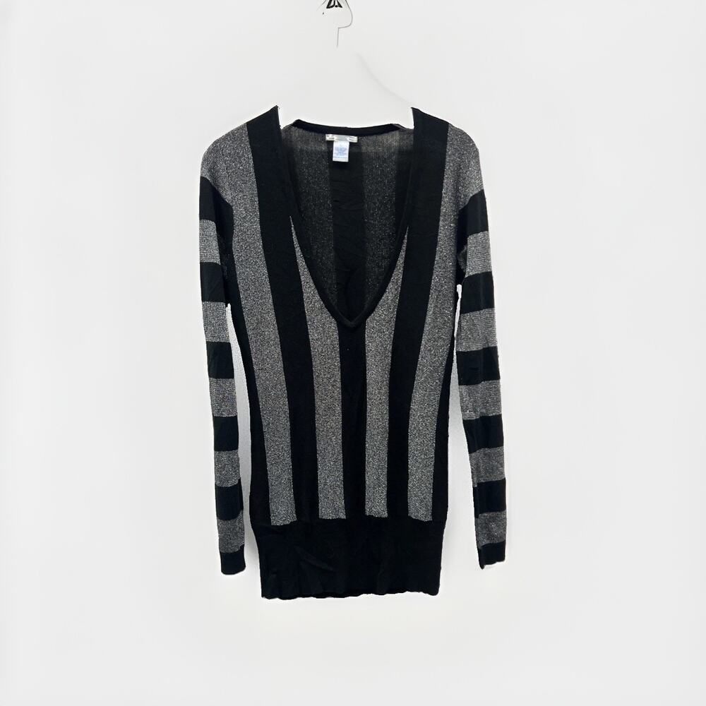 Vintage Mod Knit Top Sexy Silver Stripe Sweater L Glam Disco Mini Dress Deep V